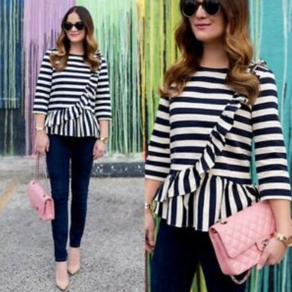 J. Crew Tops - J. CREW Women's Ivory White Navy Striped Peplum Top MEDIUM Asymmetrical Cotton